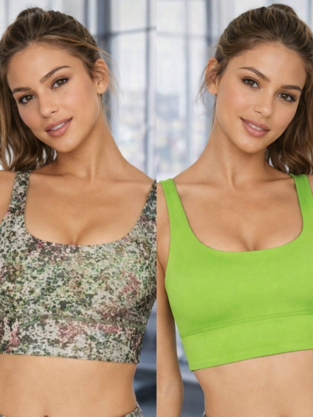 Fabletics Reversible Sports Bra XXS 2XS Lime Green Brown Square Neck Stretch NWT